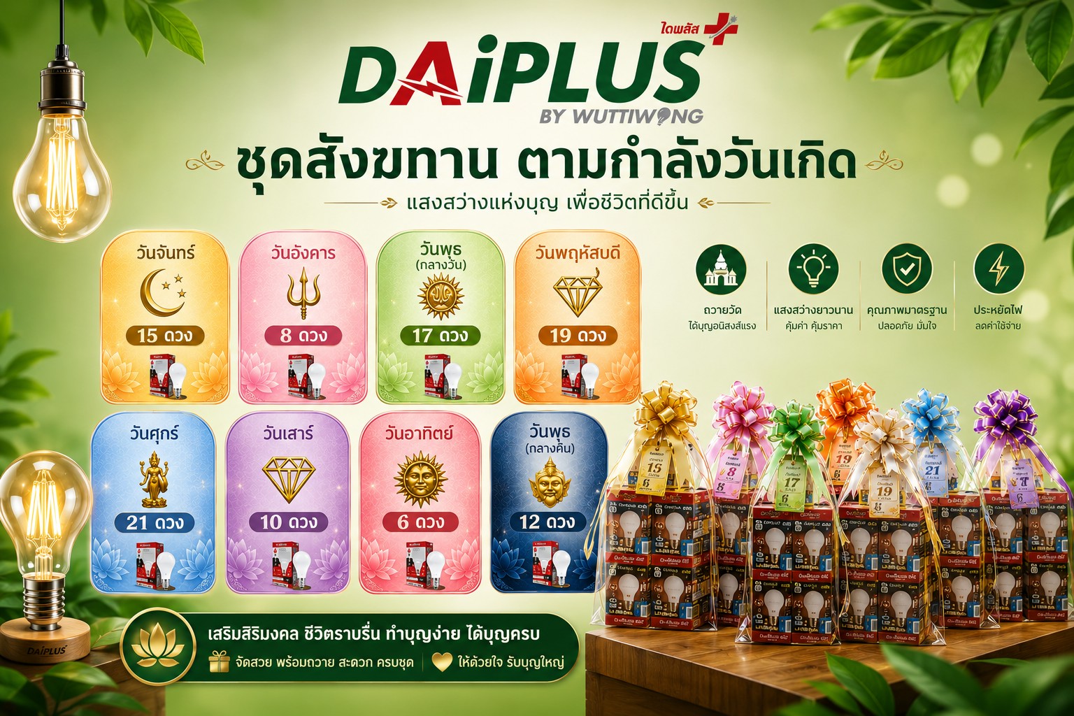 "ชุดสังฆทานหลอดไฟ ตามกำลังวันเกิด" จาก DAIPLUS  วันพุธ (กลางคืน)